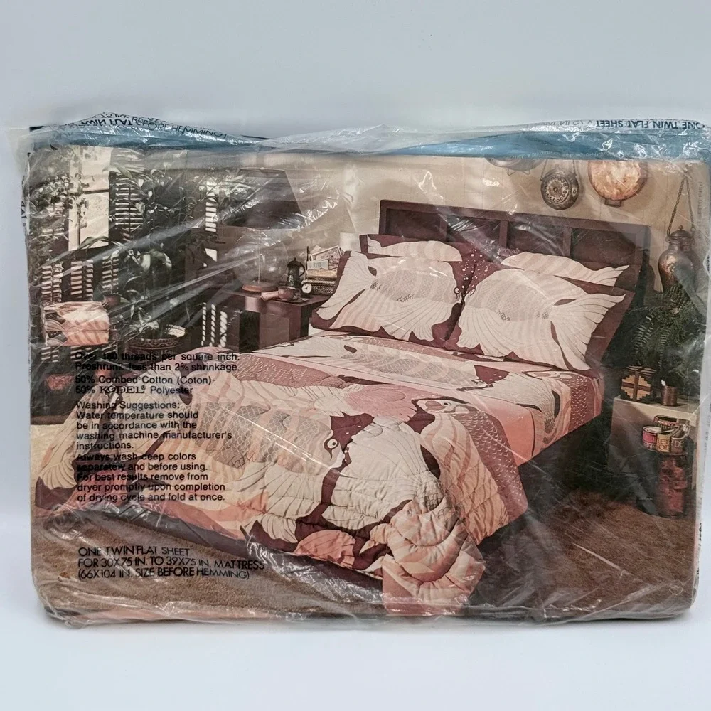 Vintage Burlington Helen Webber Birdscape Twin Flat Sheet MCM Brown Tan NEW